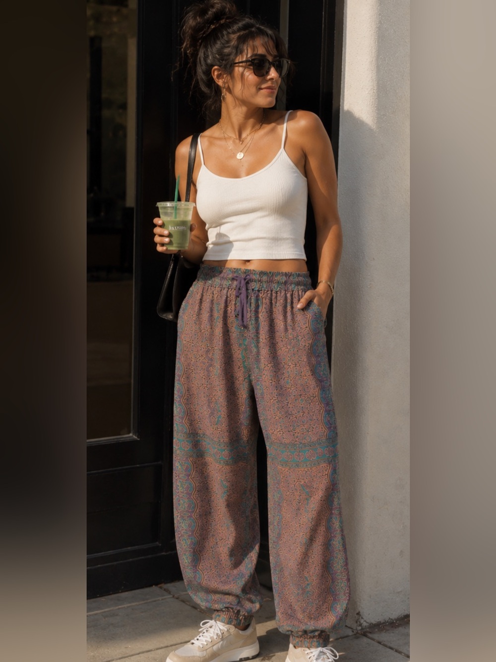 Boho Print Elastic-Waist Joggers - Taupe